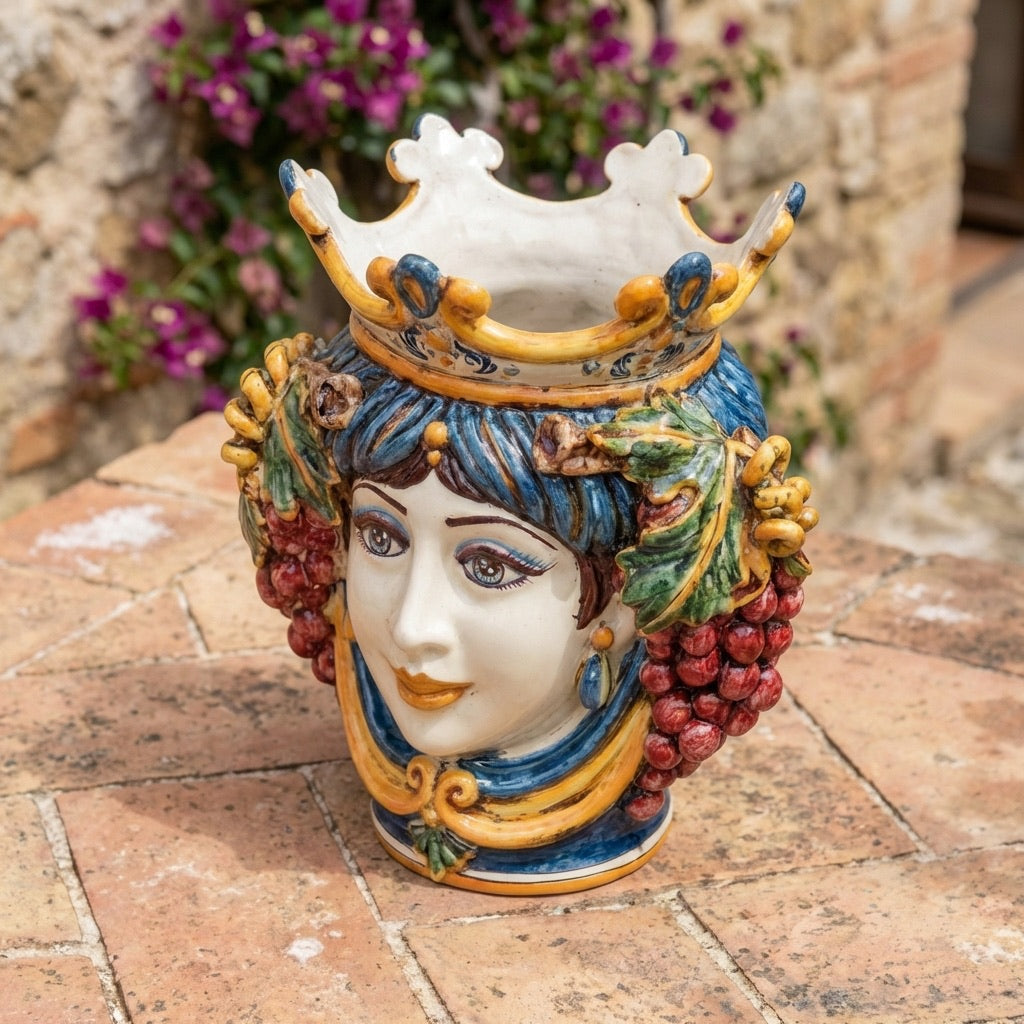 Sicilian Head Vase with Grapes H 25 cm / 9.8", Woman, Blue and Orange – Testa di Moro from Caltagirone, Sicily