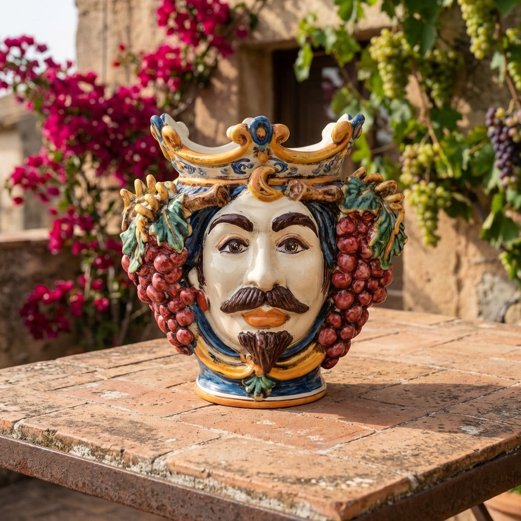 Sicilian Moor's Head with Grapes H 25 cm / 9.8", White Man, Blue and Orange – Testa di Moro from Caltagirone, Sicily