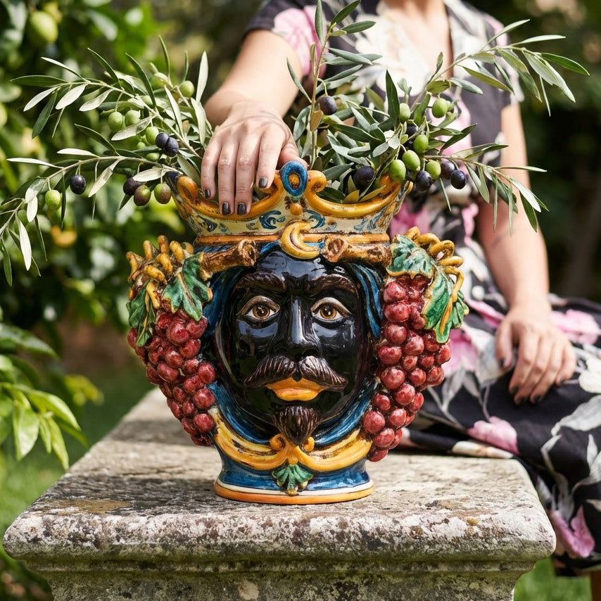 Sicilian Moor's Head with Grapes H 25 cm / 9.8", Moro Man, Blue and Orange – Testa di Moro from Caltagirone, Sicily