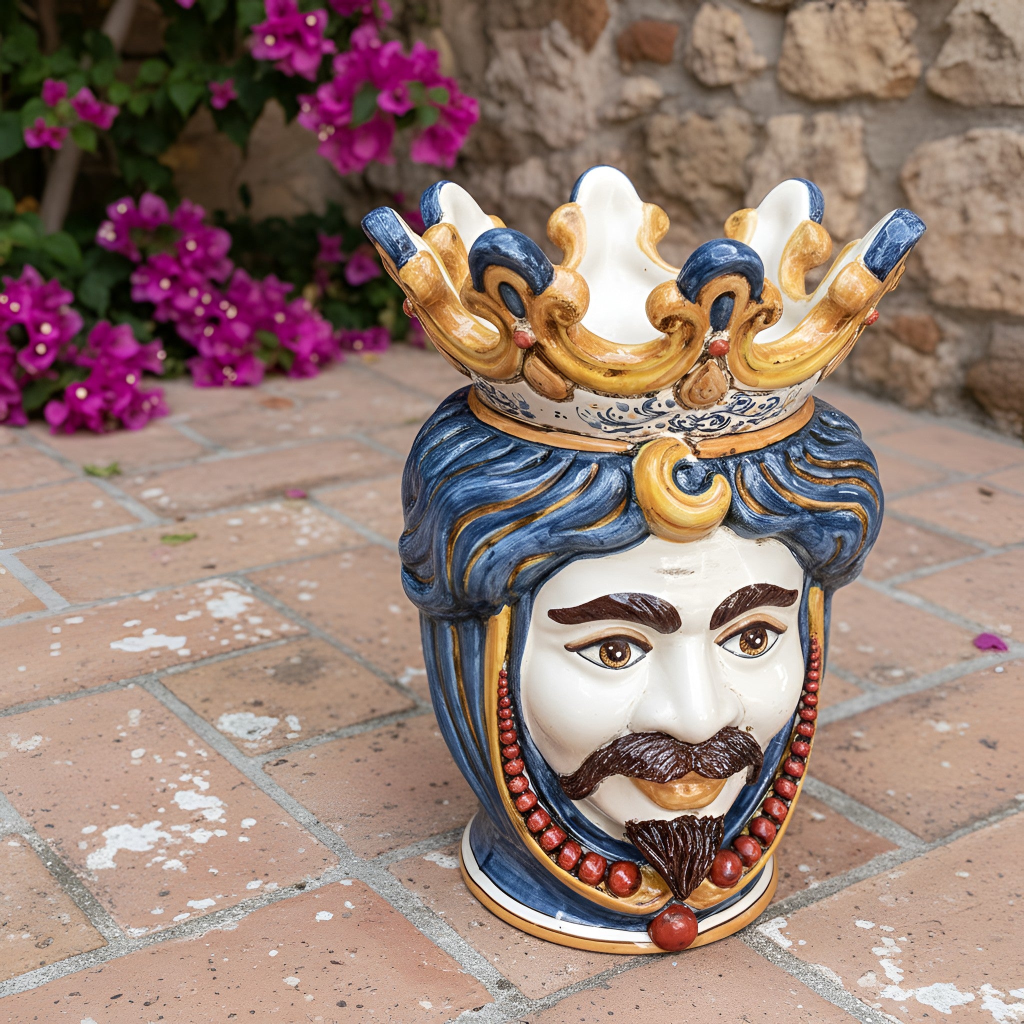 Moor's Head Vase with Beads H 40 cm / 15.7", White Man, Decoro Sicily – Testa di Moro from Caltagirone, Sicily