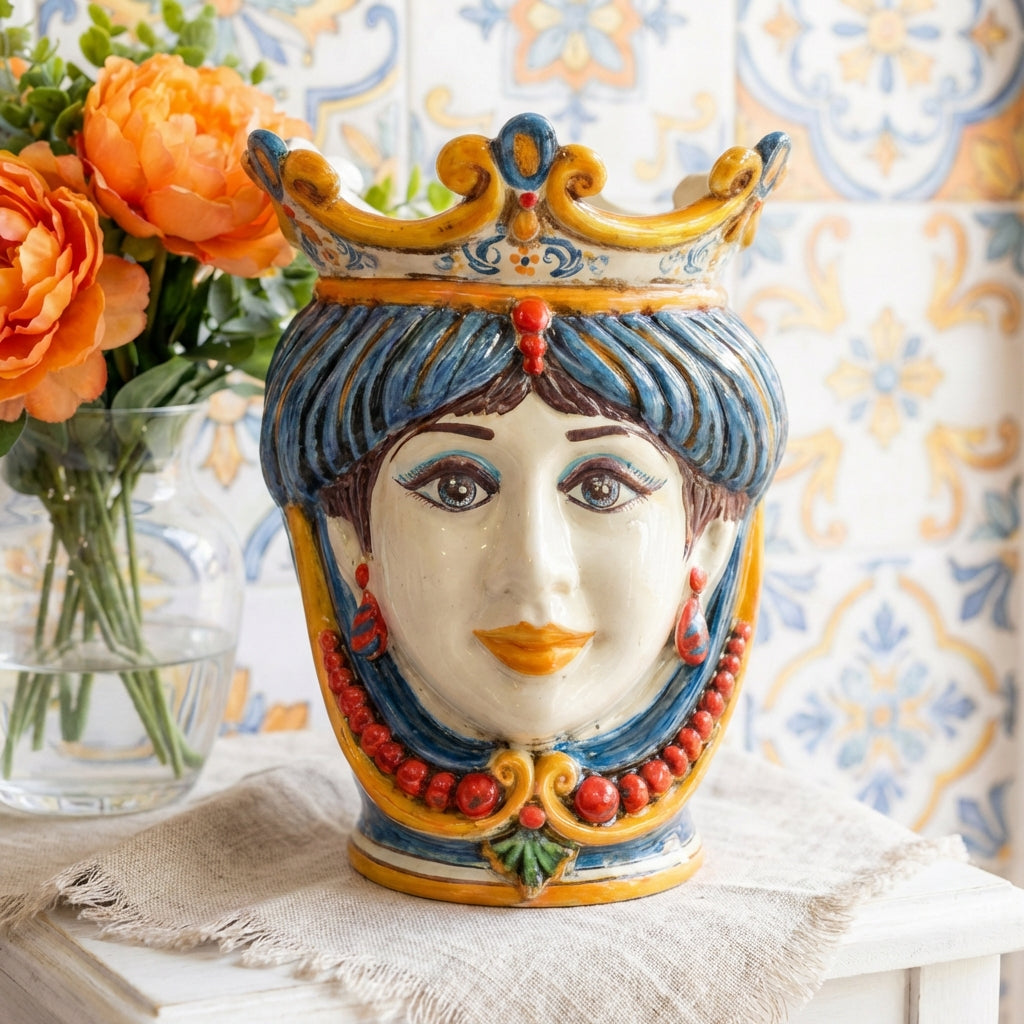 Sicilian Moor's Head with Beads H 25 cm / 9.8", Woman, Decoro Sicily – Testa di Moro from Caltagirone, Sicily