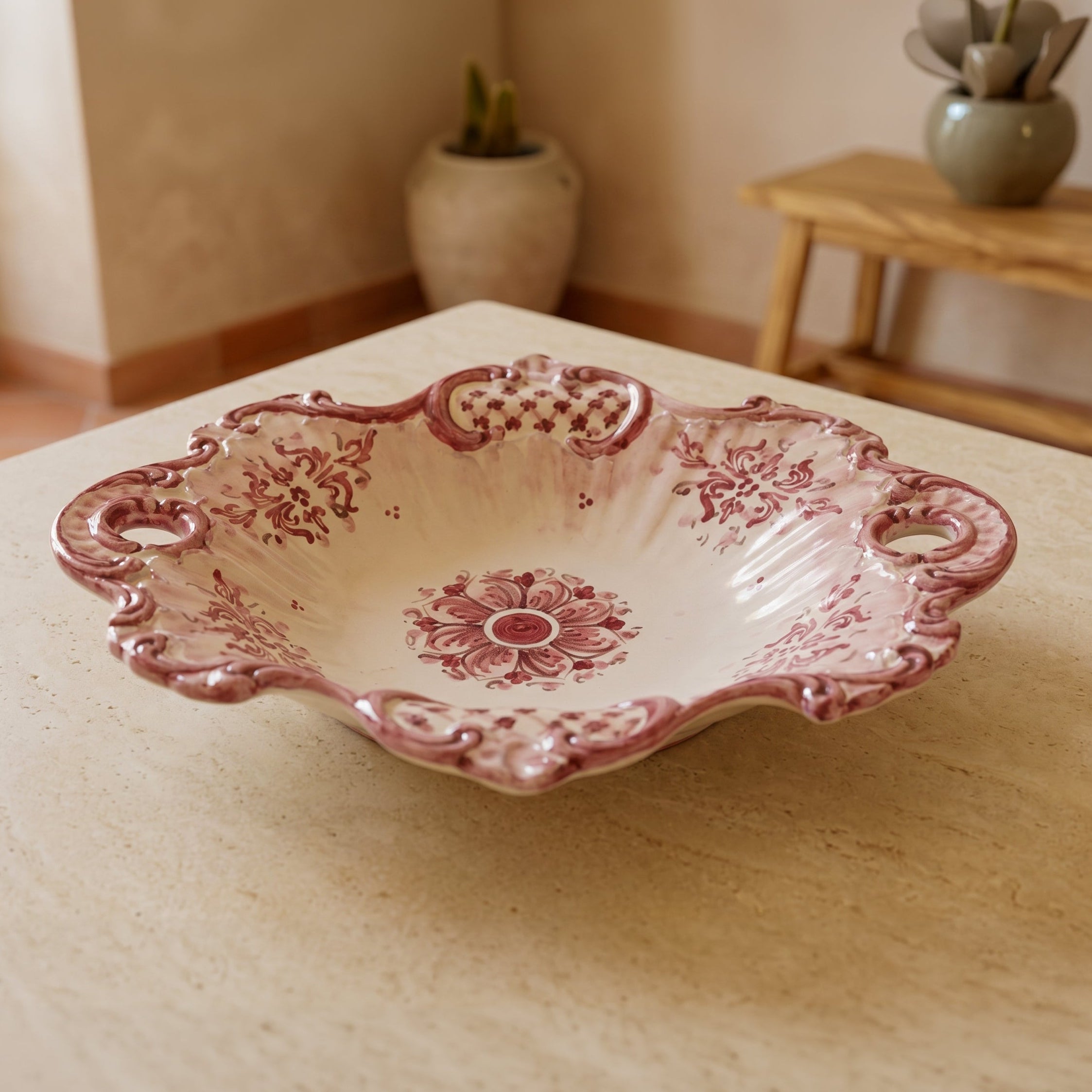 Sicilian Ceramic Centerpiece 38×33 cm / 15×13", Mono Bordeaux, Art Edition – Sicilian majolica handcrafted in Caltagirone