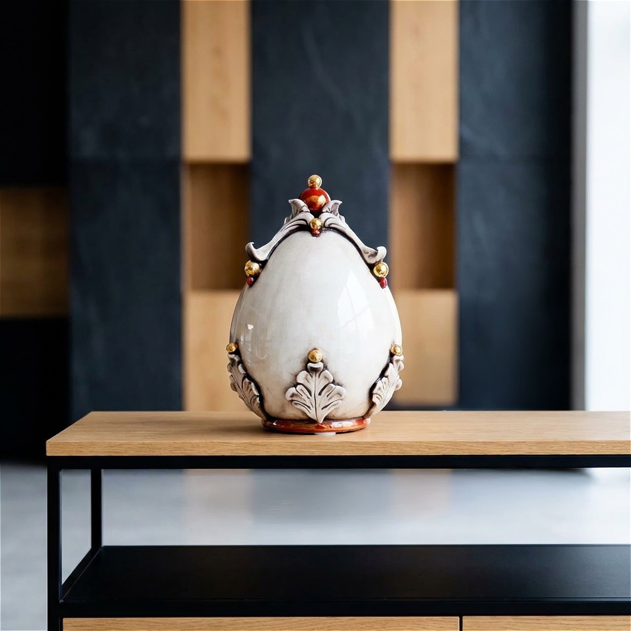 Sicilian Decorative Ceramic Egg H 22 cm / 8.7", Mother of Pearl – Italian ceramic from Caltagirone, Sicily