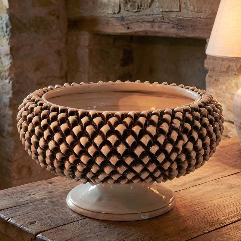 Sicilian Pine Cone Cake Stand Ø 25/33 cm / Ø 10-13", Antique Mother of Pearl – Italian pine cone ceramic from Caltagirone, Sicily