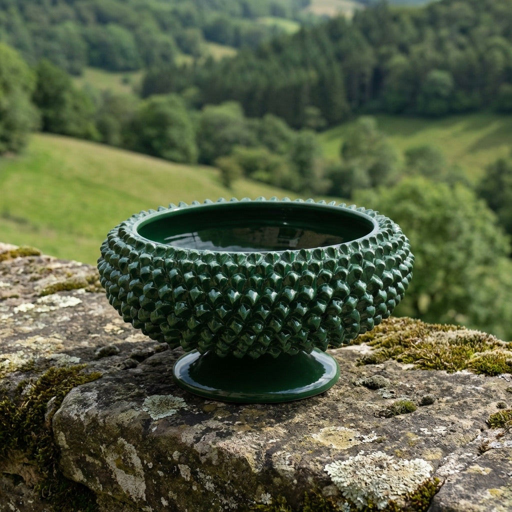 Sicilian Pine Cone Cake Stand Ø 25/33 cm / Ø 10-13", Antique Green – Caltagirone Ceramic – Sicilian Pine Cone Tradition