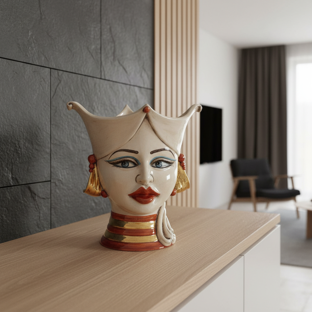 Aisha Sicilian Head Vase H 25 cm / 9.8", Woman, Mother of Pearl – Testa di Moro from Caltagirone, Sicily