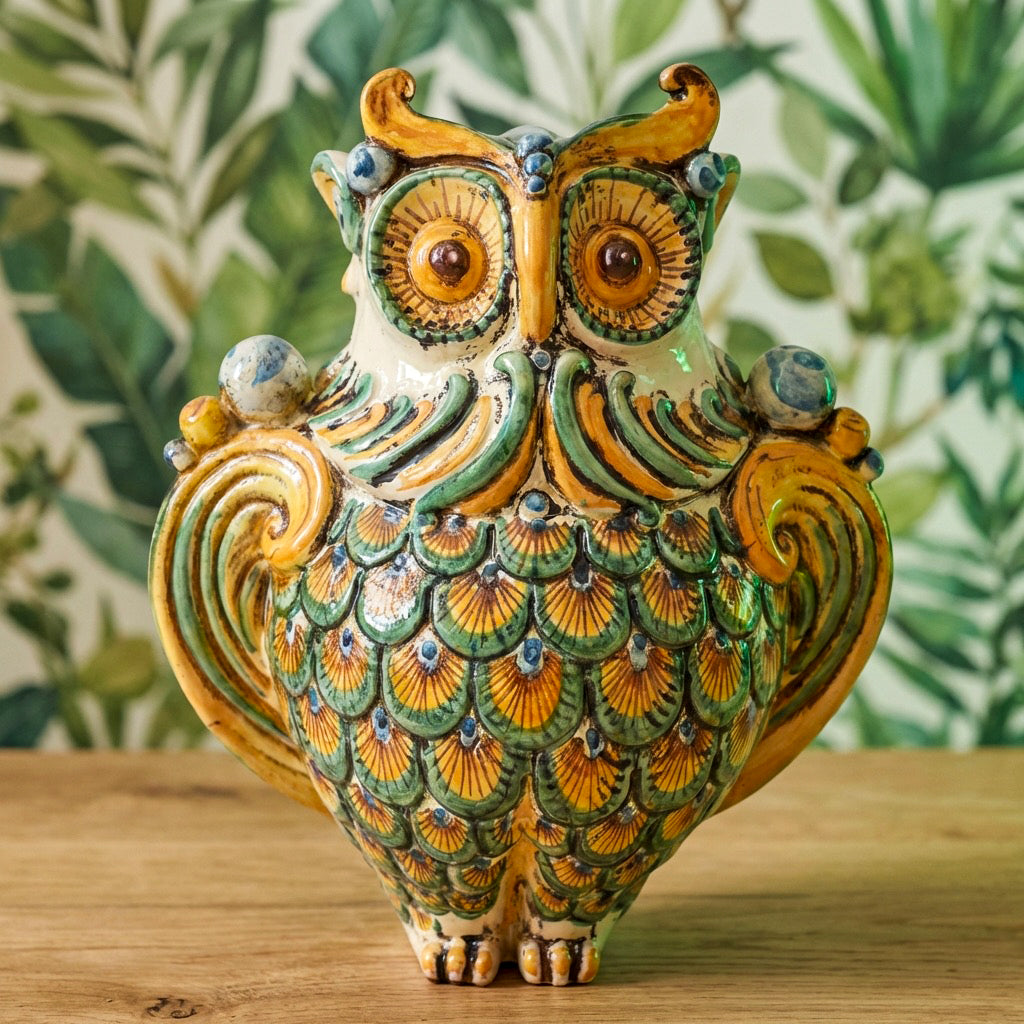 Sicilian Ceramic Owl H 30 cm / 11.8", Green and Orange – Italian ceramic from Caltagirone, Sicily