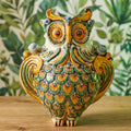 Sicilian Ceramic Owl H 30 cm / 11.8", Green and Orange – Italian ceramic from Caltagirone, Sicily