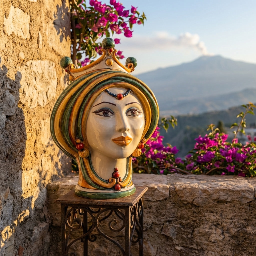 Sicilian Head Vase H 30 cm / 11.8", Woman, Green and Orange – Testa di Moro from Caltagirone, Sicily