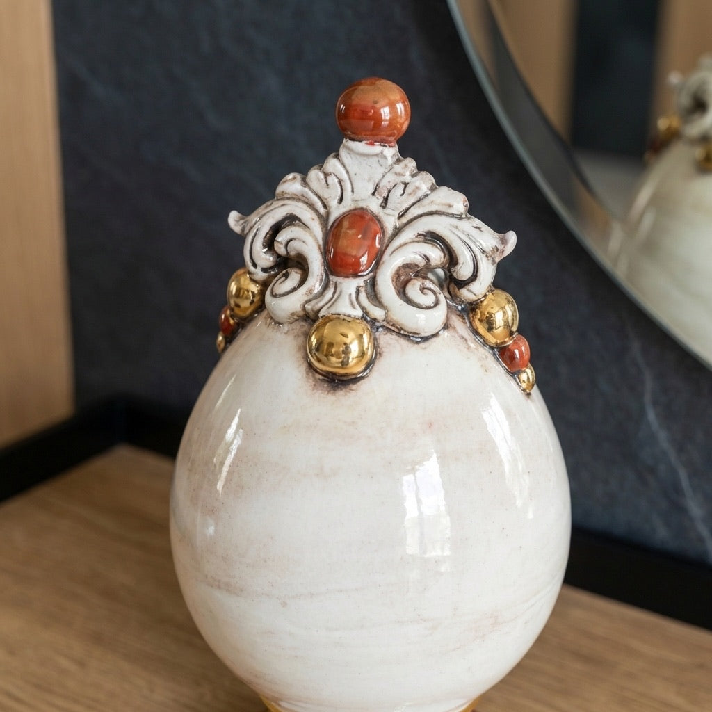Sicilian Decorative Ceramic Egg H 18 cm / 7.1", Mother of Pearl – Sicilian majolica handcrafted in Caltagirone