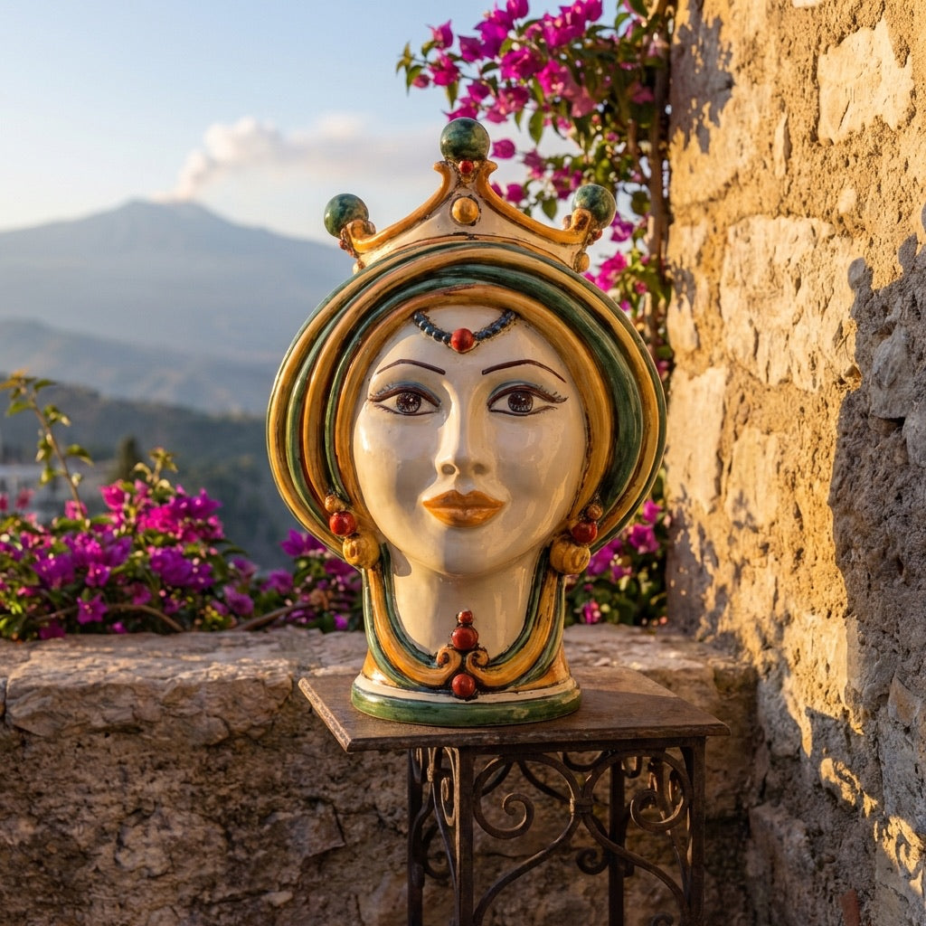 Sicilian Head Vase H 30 cm / 11.8", Woman, Green and Orange – Testa di Moro from Caltagirone, Sicily