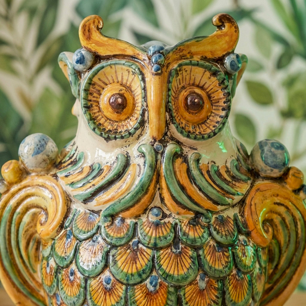 Sicilian Ceramic Owl H 30 cm / 11.8", Green and Orange – Italian ceramic from Caltagirone, Sicily