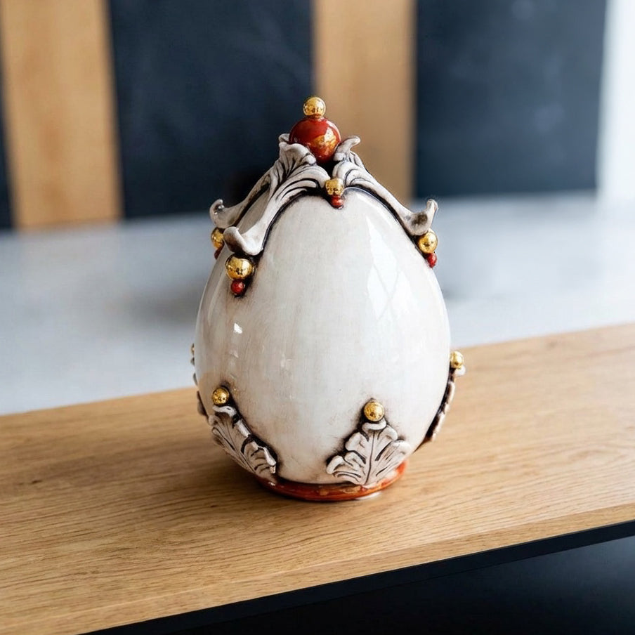 Sicilian Decorative Ceramic Egg H 22 cm / 8.7", Mother of Pearl – Italian ceramic from Caltagirone, Sicily