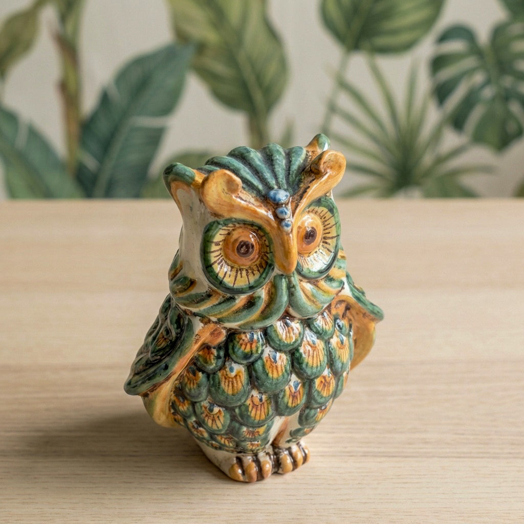 Sicilian Ceramic Owl H 15 cm / 5.9", Green and Orange – Caltagirone Ceramic – Sicilian artisan tradition