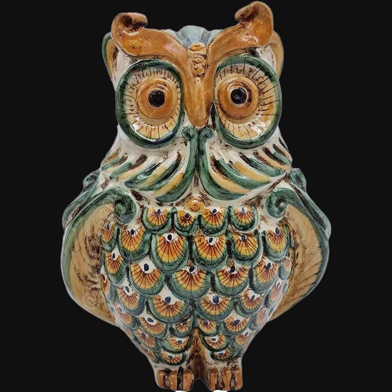 Gufo in ceramica di Caltagirone verde e arancio, artigianato fatto a mano Sofia