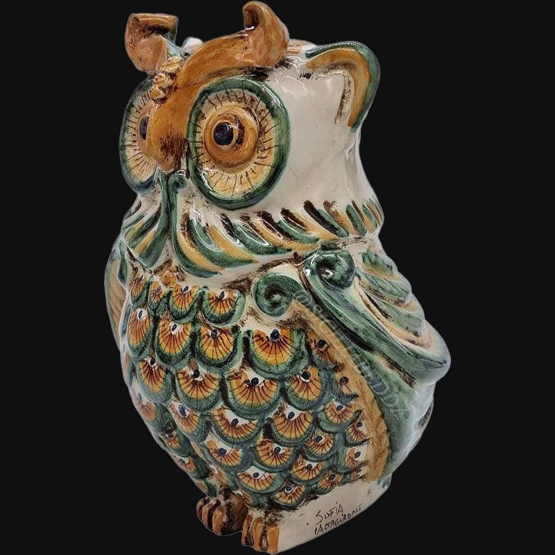 Gufo in ceramica di Caltagirone fatti a mano, verde e arancio, artigianato Sofia