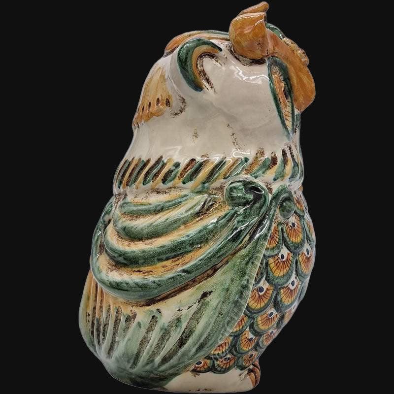 Gufo in ceramica di Caltagirone Sofia verde e arancio, ceramiche caltagirone fatti a mano