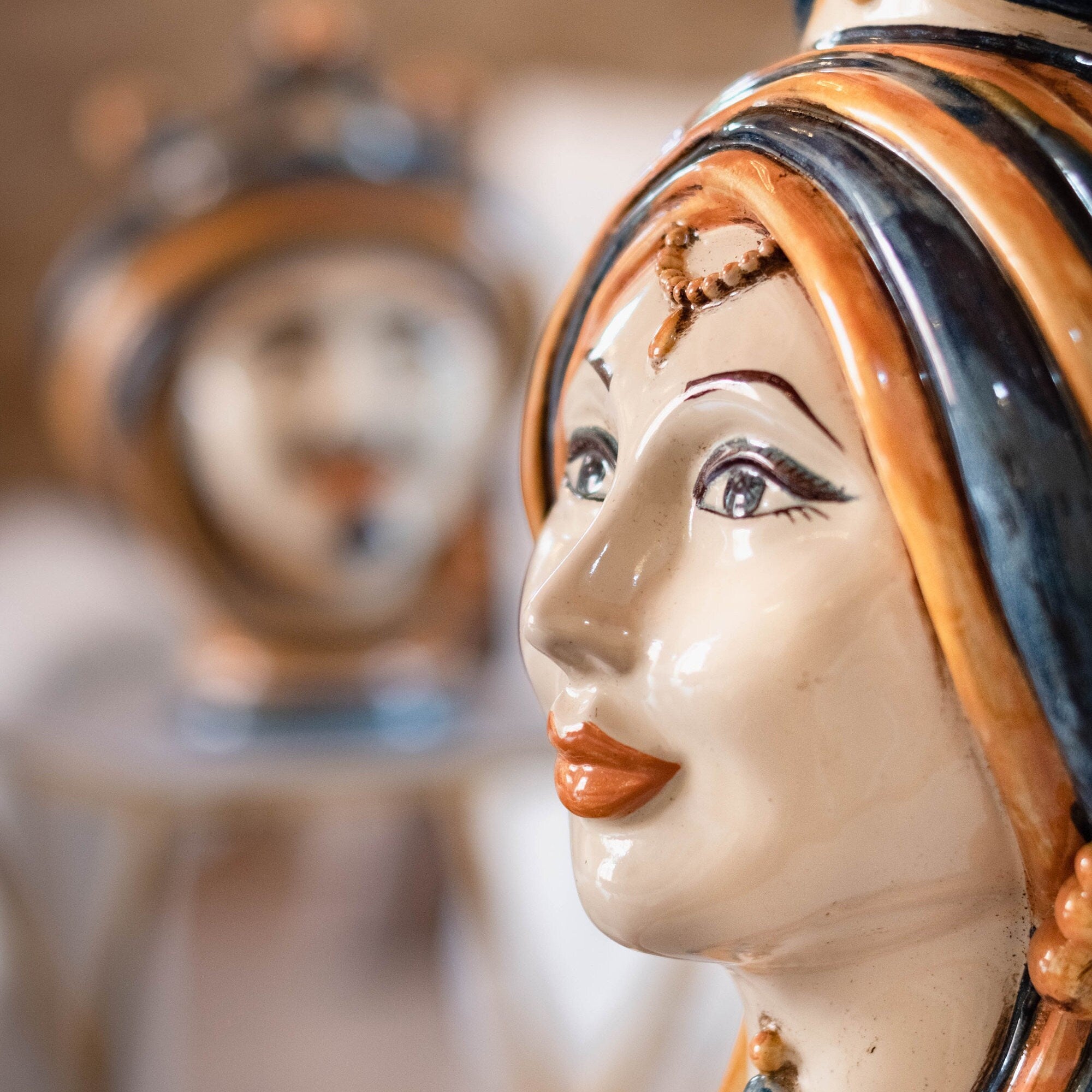 Moor's Head Vase H 30 cm / 11.8", Blue and Orange – Testa di Moro from Caltagirone, Sicily