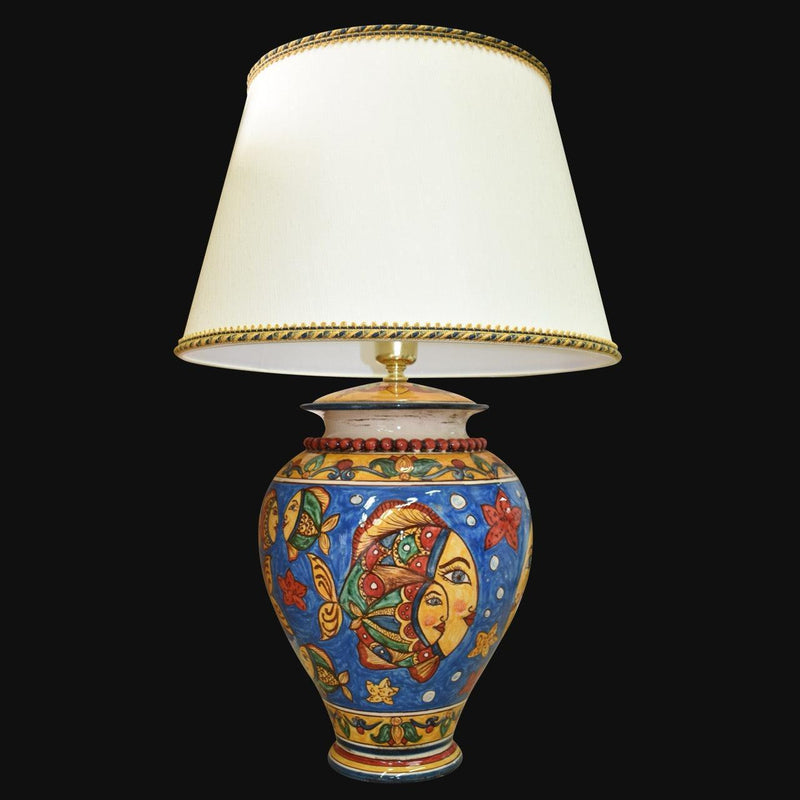 Sicilian Round Ball Lamp H 35 cm / 13.8", Blue Background – Sicilian ceramic lamp handcrafted in Caltagirone