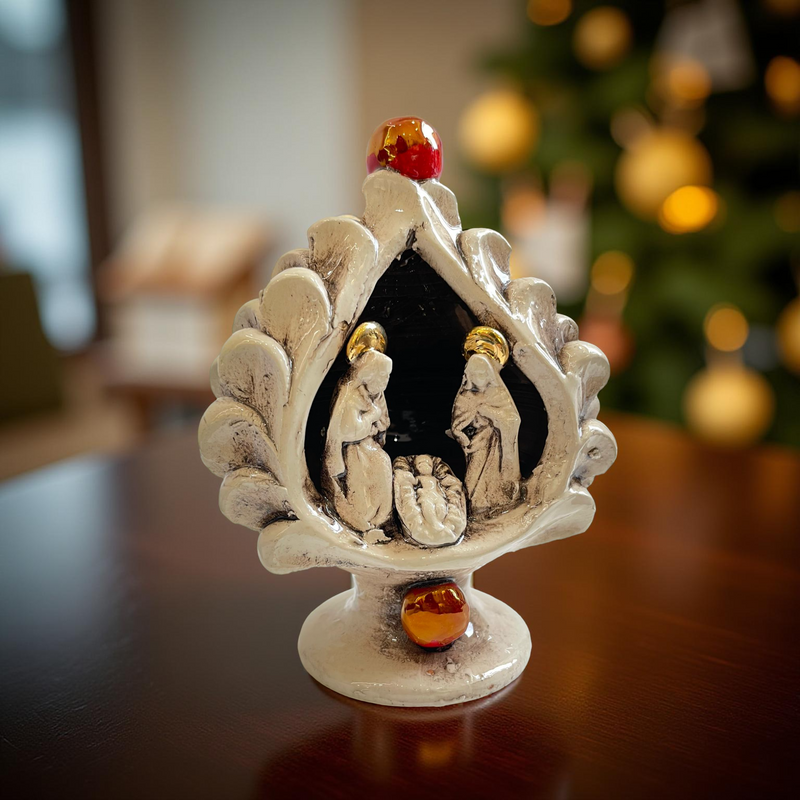 Sicilian Pine Cone Nativity H 12 cm / 4.7", Antique Mother of Pearl – Italian ceramic from Caltagirone, Sicily