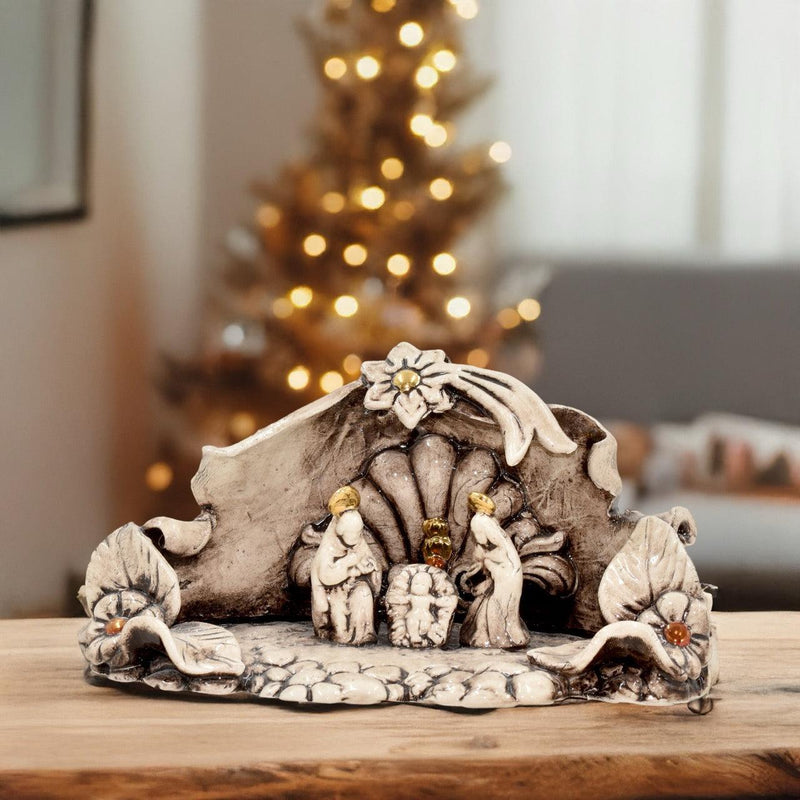 Sicilian Nativity Scene 14×10 cm / 6×4", Mother of Pearl – Sicilian majolica handcrafted in Caltagirone