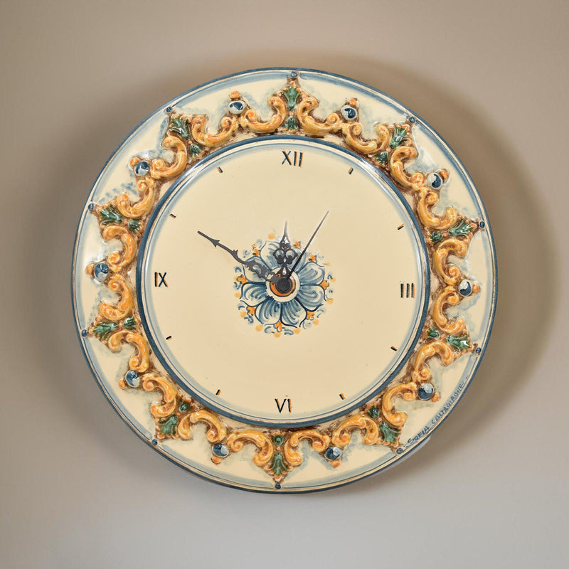 Sicilian Ceramic Wall Clock Ø 38 cm / Ø 15", Plastico Sofia, Tricolore – Italian ceramic from Caltagirone, Sicily