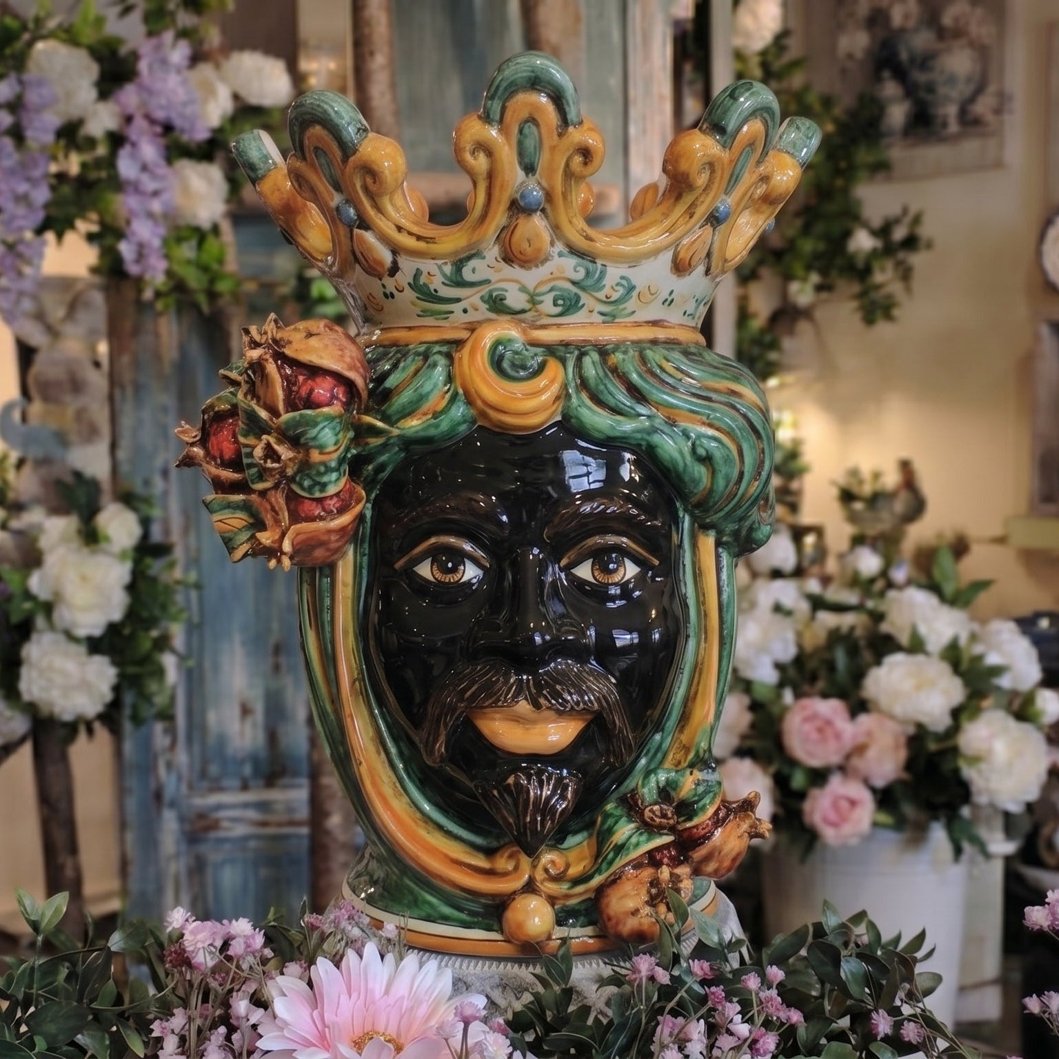 Sicilian Moor's Head with Pomegranates H 40 cm / 15.7", Moro Man, Green and Orange – Testa di Moro from Caltagirone, Sicily