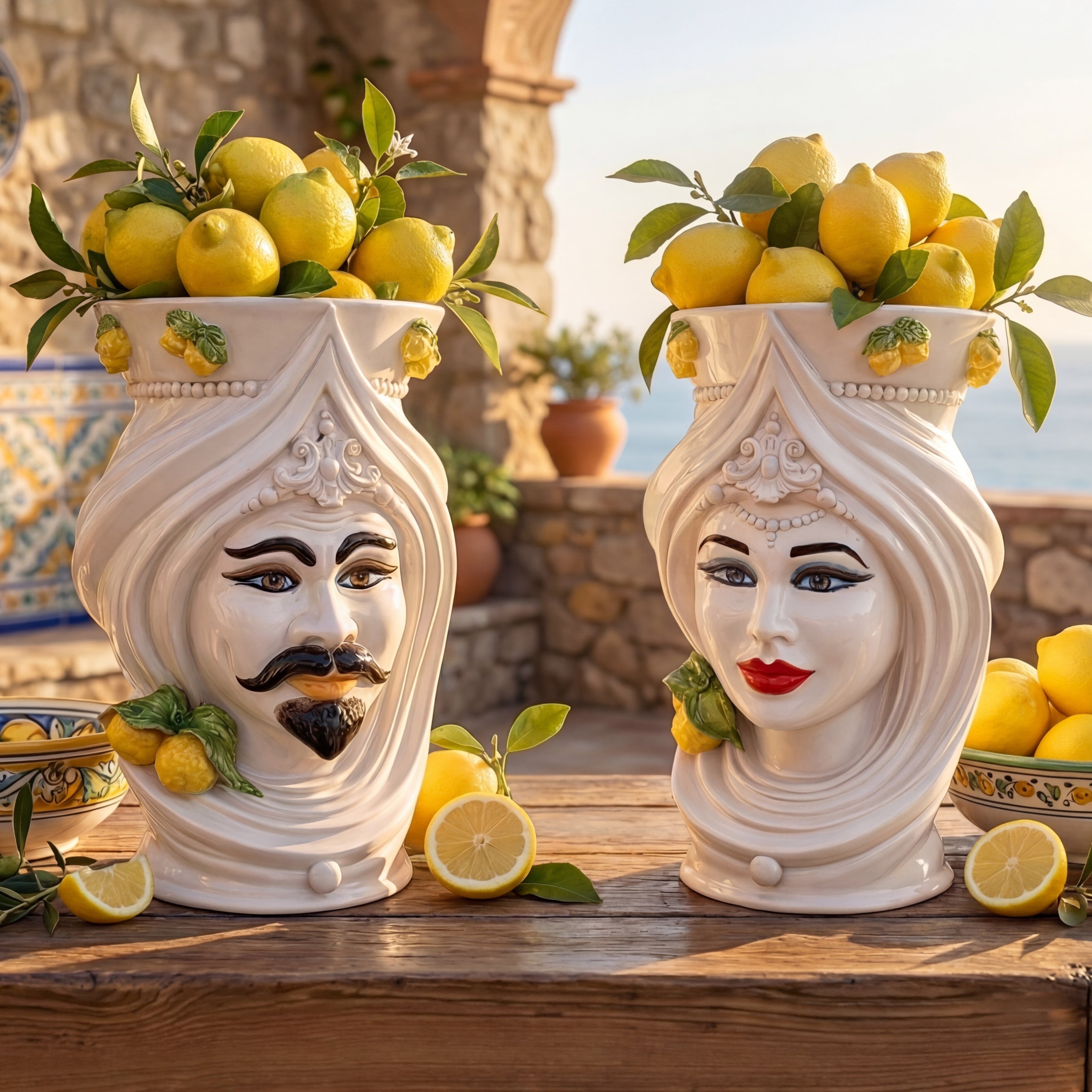 Testa di moro h 45 turbante White and Lemon femmina - Ceramiche di Caltagirone Sofia
