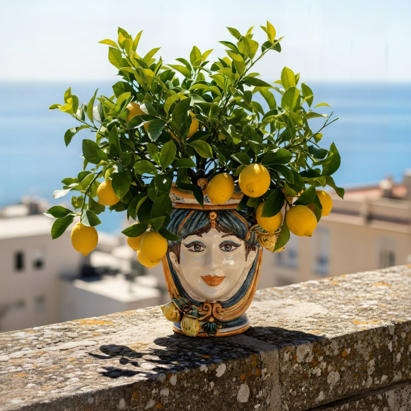 Sicilian Moor's Head with Lemons H 25 cm / 9.8", Woman, Blue and Orange – Testa di Moro from Caltagirone, Sicily