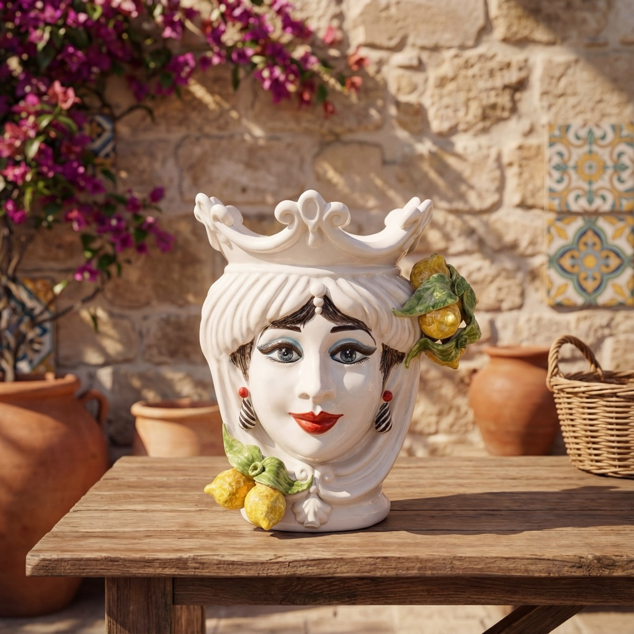 Testa h 25 cm White and Lemon femmina - Ceramiche di Caltagirone Sofia
