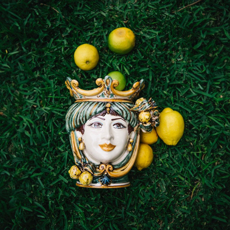 Sicilian Head Vase with Lemons H 25 cm / 9.8", Woman, Green and Orange – Testa di Moro from Caltagirone, Sicily