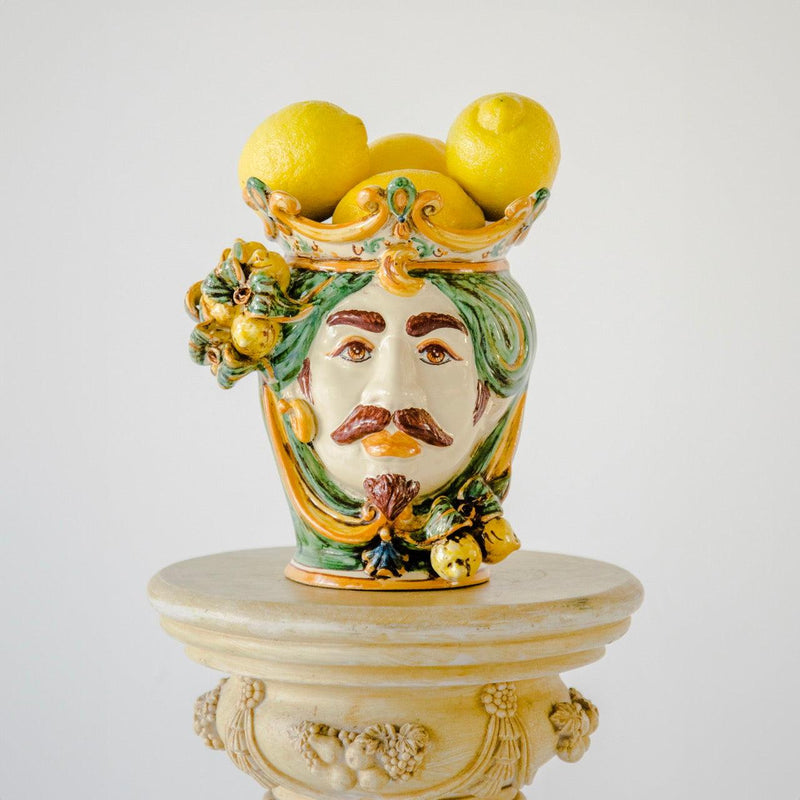 Sicilian Moor's Head with Lemons H 25 cm / 9.8", White Man, Green and Orange – Testa di Moro from Caltagirone, Sicily