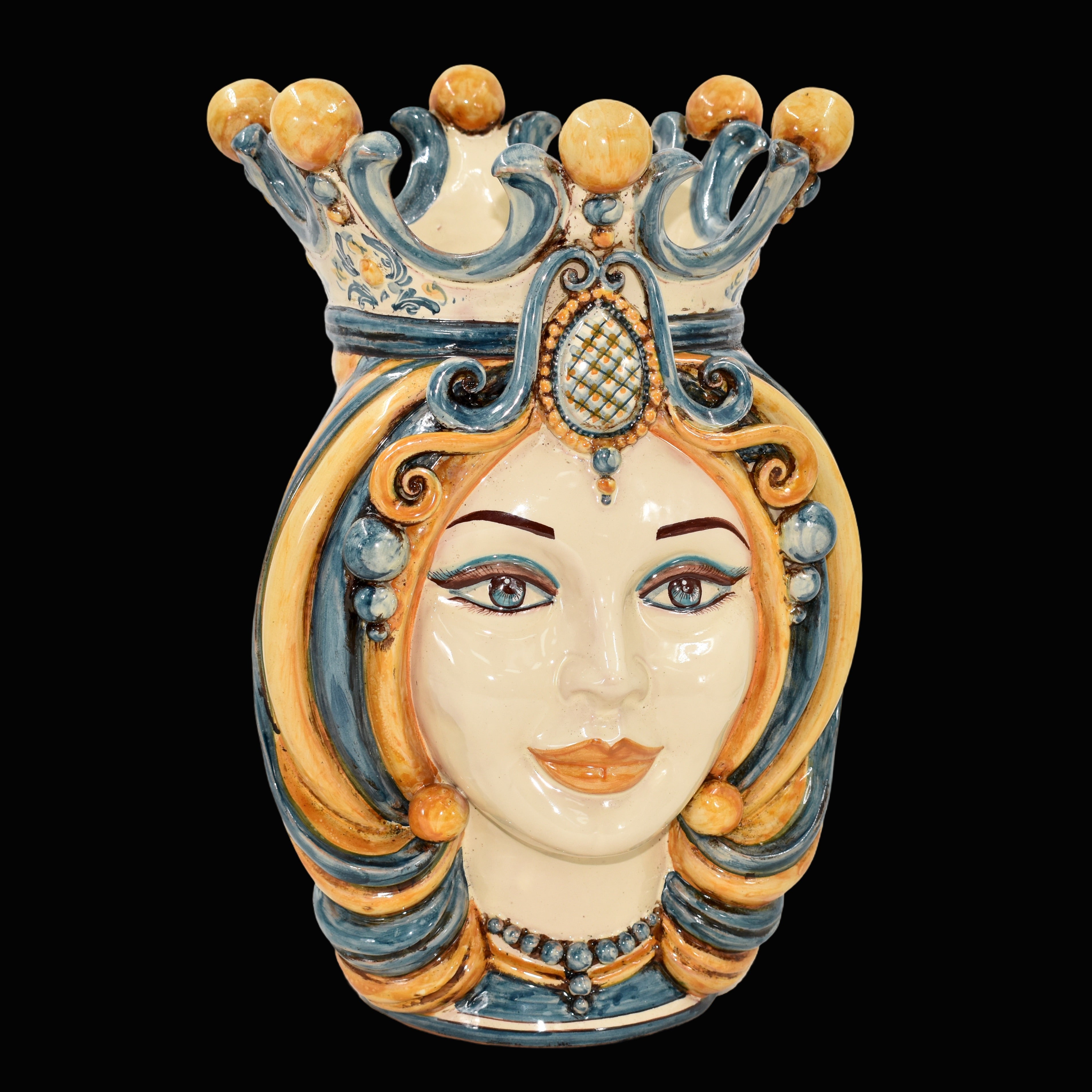 Sicilian Moor's Head H 38 cm / 15", Woman, Blue and Orange – Testa di Moro from Caltagirone, Sicily