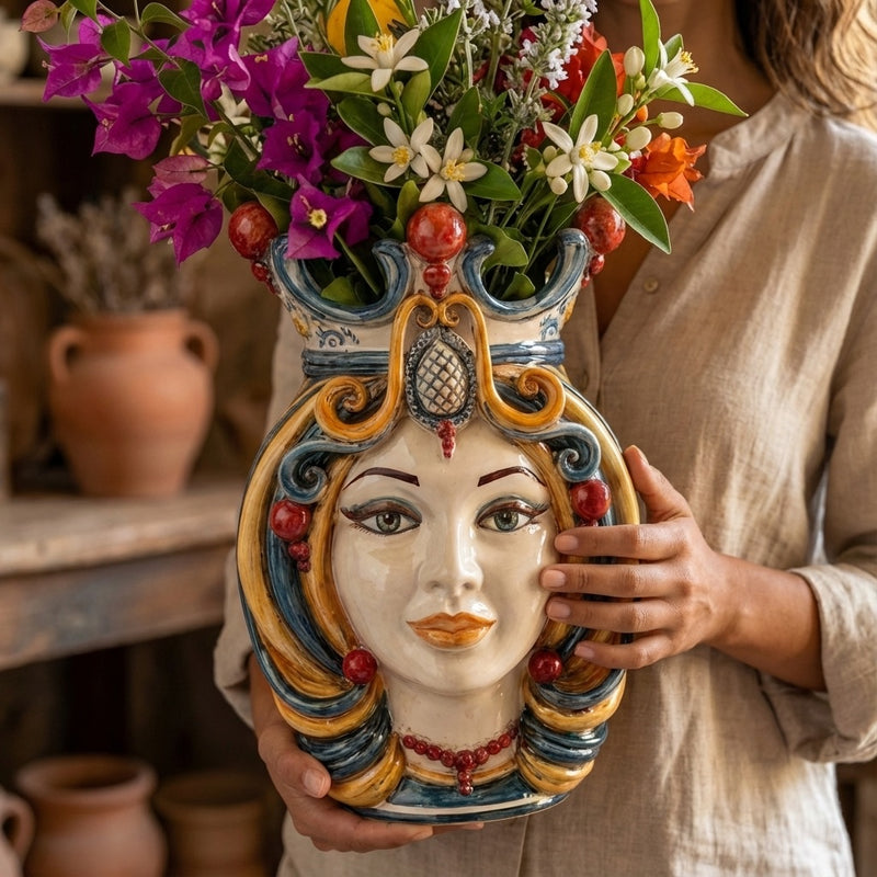 Sicilian Moor's Head H 38 cm / 15", Woman, Decoro Sicily – Testa di Moro from Caltagirone, Sicily