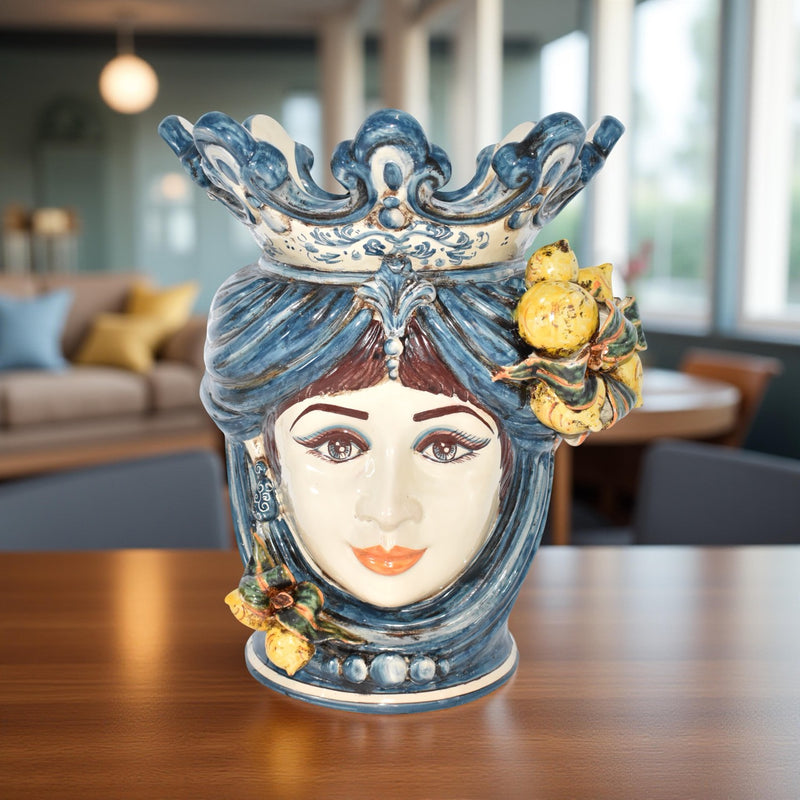 Sicilian Head Vase with Lemons H 40 cm / 15.7", Woman, Mono Blue – Testa di Moro from Caltagirone, Sicily