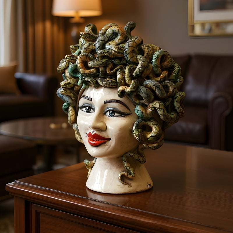 Medusa Head Vase H 40 cm / 15.7", Antique Mother of Pearl – Testa di Moro from Caltagirone, Sicily
