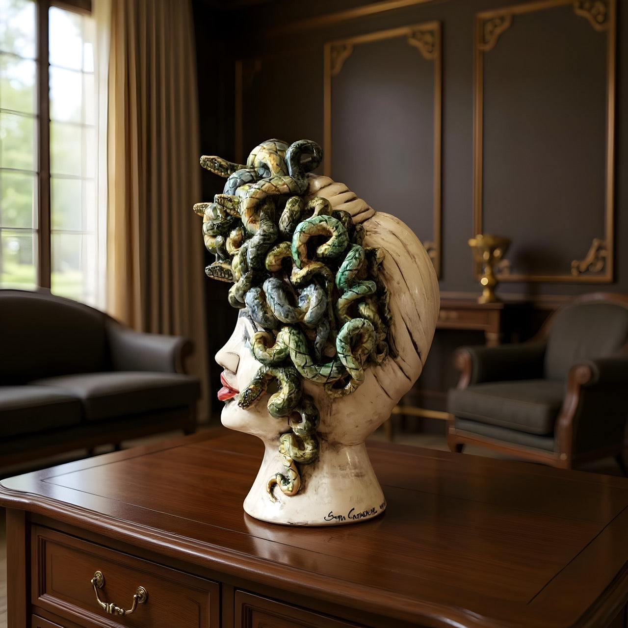 Testa Medusa sognia h 40 madreperla antichizzato labbra rosse femmina - Ceramiche di Caltagirone Sofia