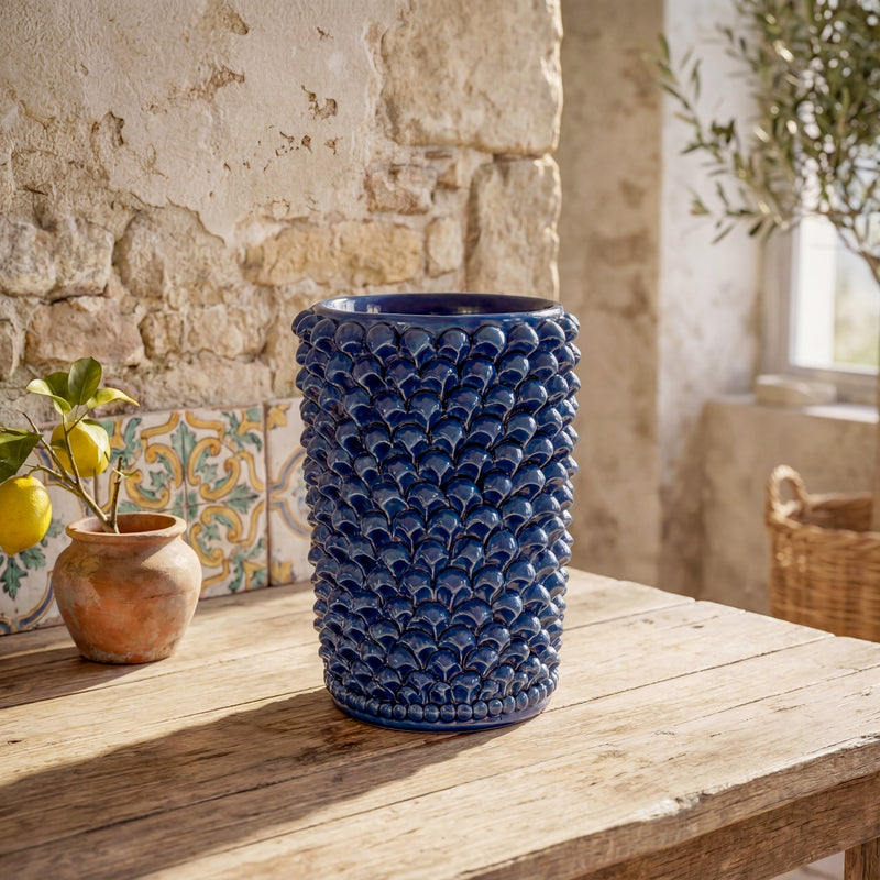 Pine Cone Cylinder Vase H 25 cm / 9.8" – Sicilian majolica handcrafted in Caltagirone