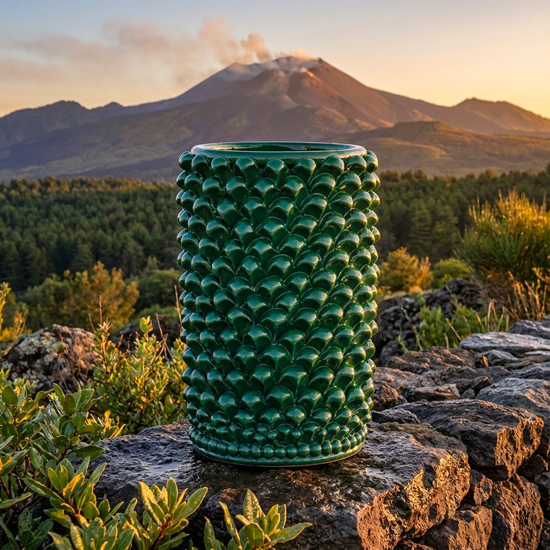 Pine Cone Cylinder Vase H 25 cm / 9.8", Antique Green – Italian ceramic from Caltagirone, Sicily