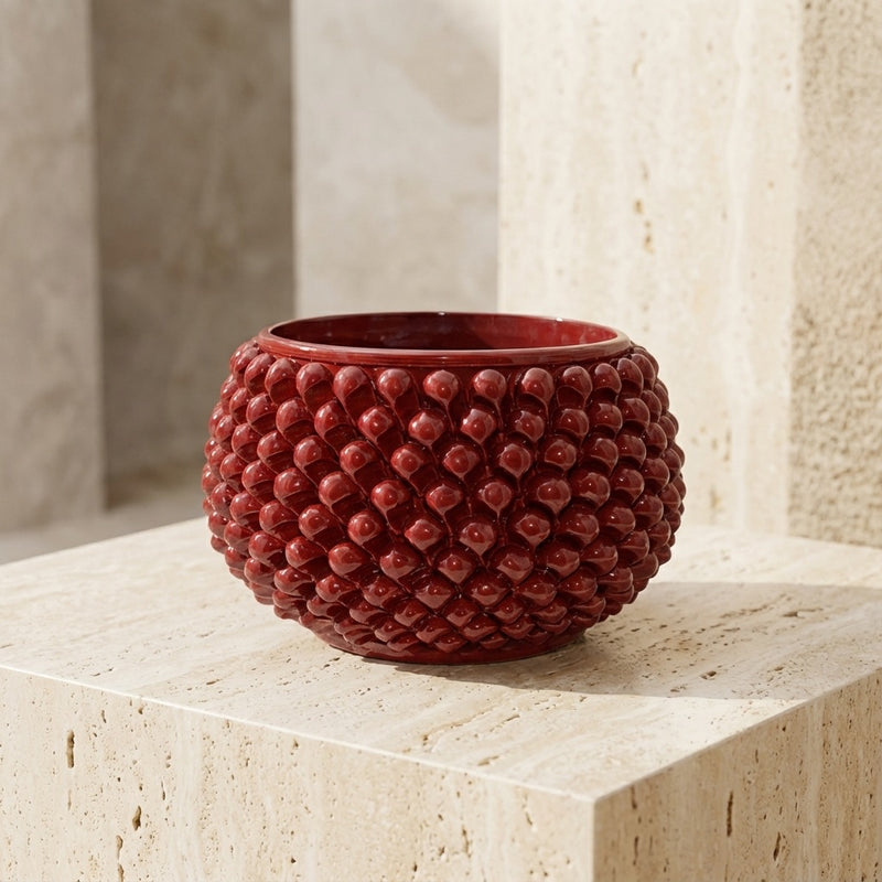 Half Pine Cone Vase, Bordeaux – Caltagirone Ceramic – Sicilian artisan tradition