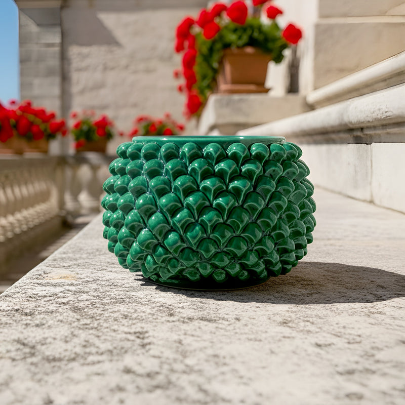 Half Pine Cone Vase, Emerald Green – Caltagirone Ceramic – Sicilian artisan tradition
