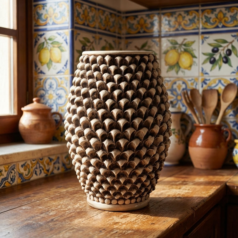 Sicilian Pine Cone Vase, Antique Mother of Pearl – Sicilian majolica handcrafted in Caltagirone