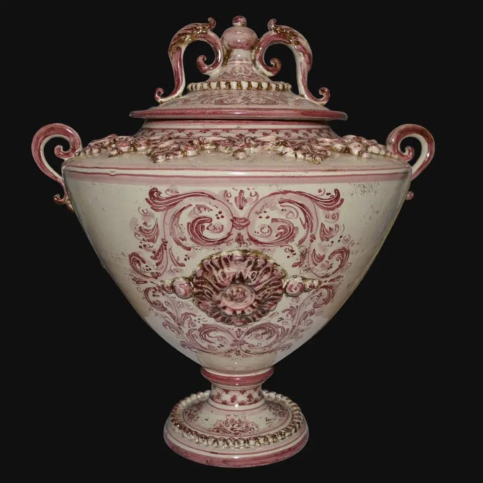 Vaso potiche con piede decorato bordeaux, ceramiche caltagirone fatti a mano, Sofia.