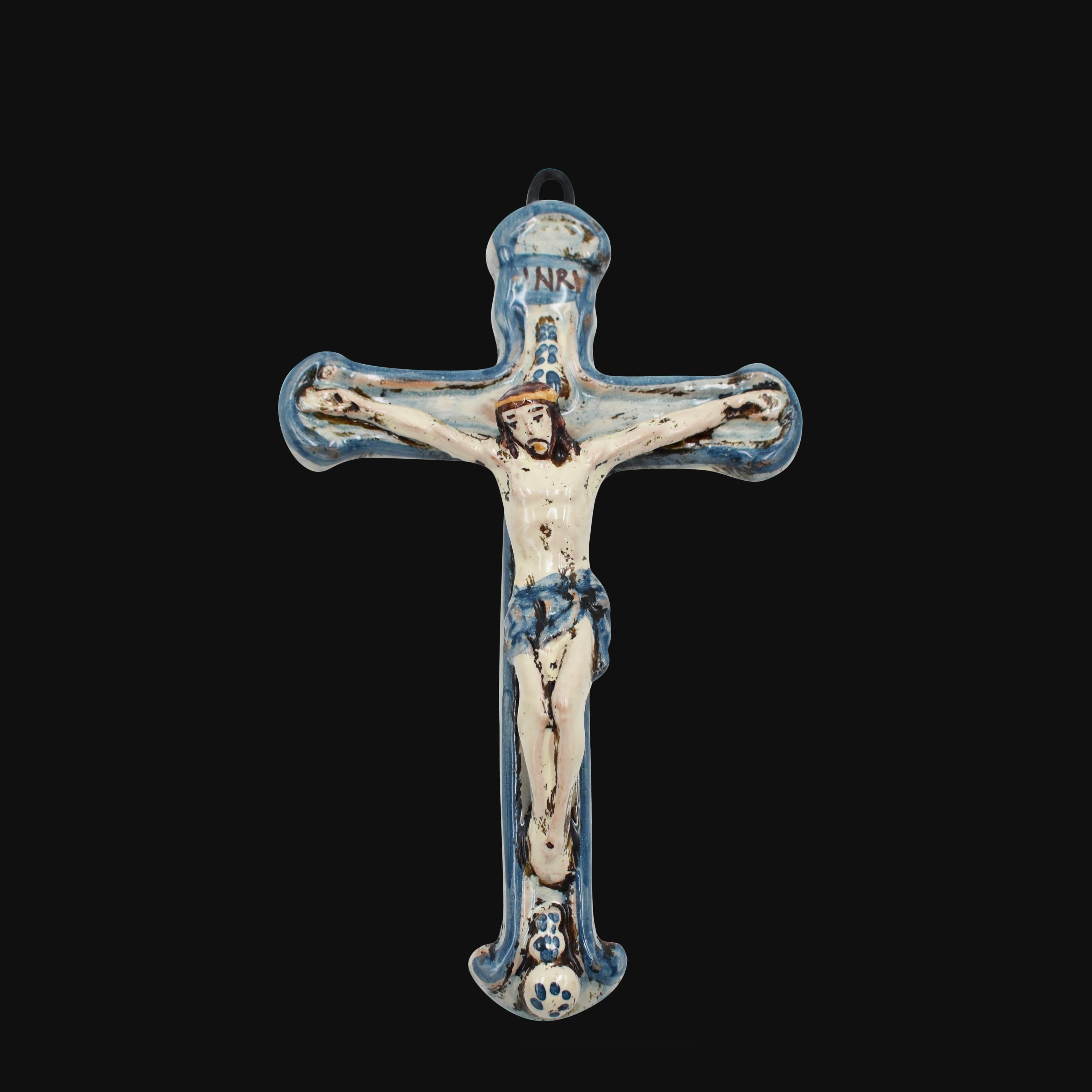Crocifisso in ceramica di Caltagirone fatta a mano, con dettagli blu e bianchi, INRI in cima