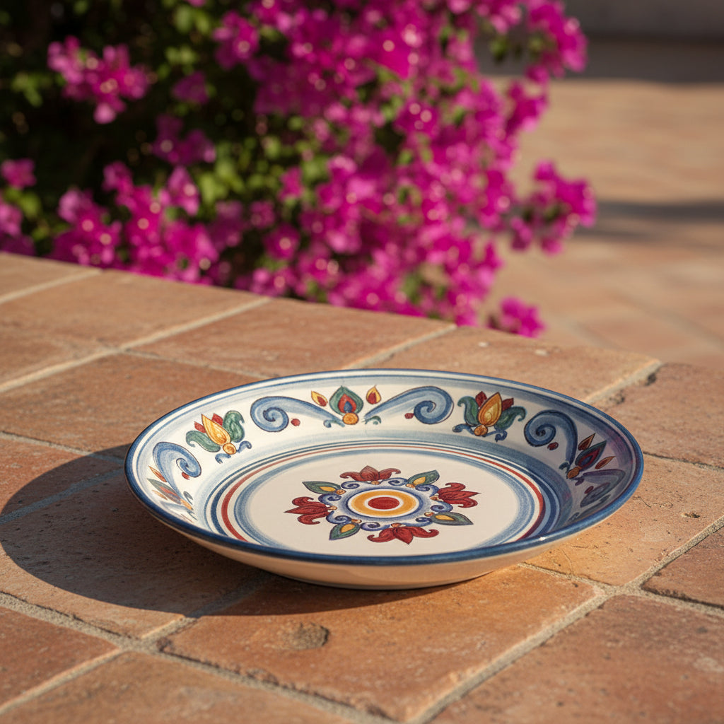 Piatto in ceramica di Caltagirone fatto a mano con decori colorati su terrazza fiorita
