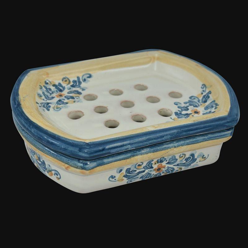Portasapone in ceramica di Caltagirone fatta a mano, decoro blu e giallo, design tradizionale