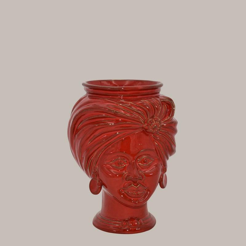 Vaso in ceramica rossa a forma di testa femminile, artigianale e fatto a mano, stile Caltagirone