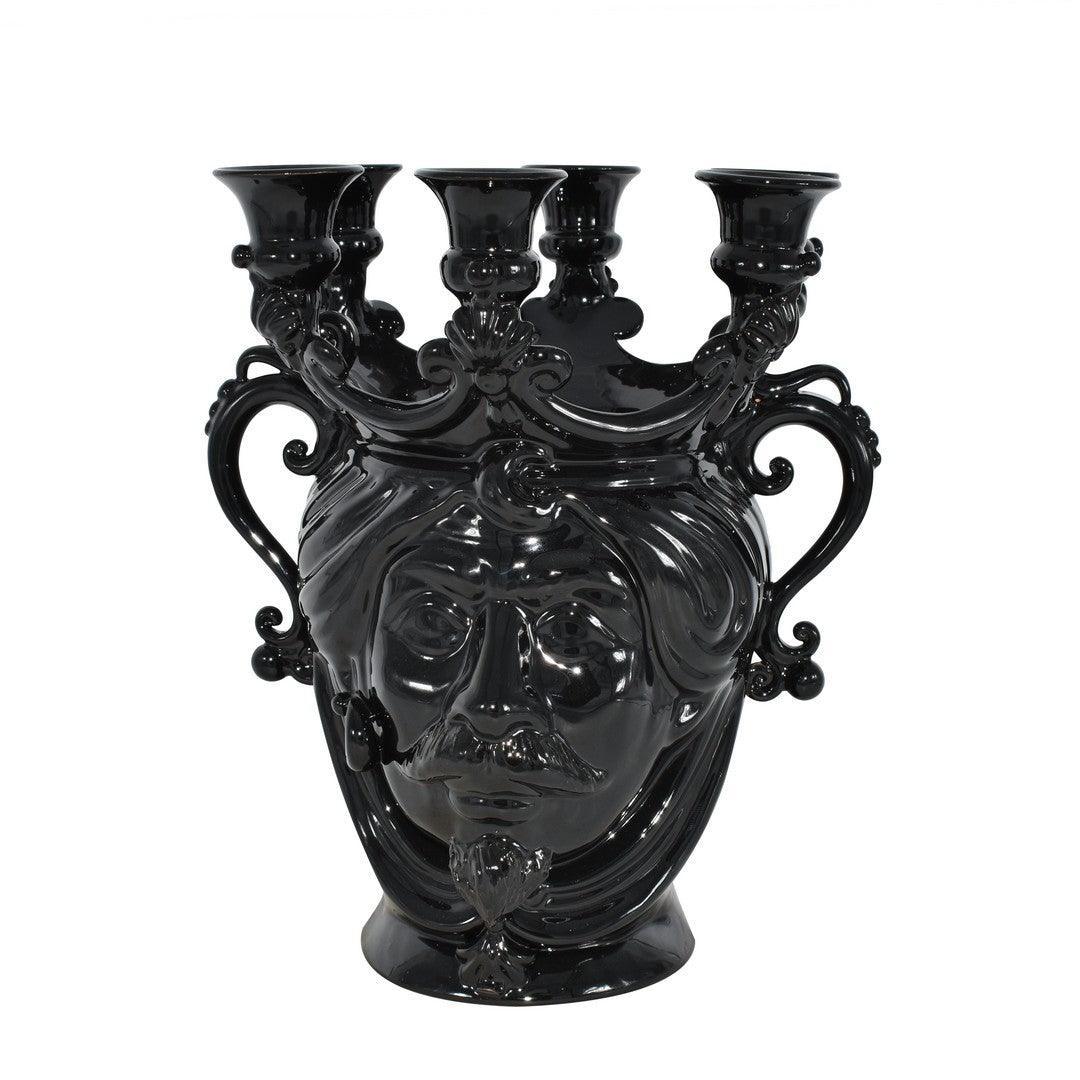 Ceramiche di Caltagirone fatti a mano, vaso nero con volto barocco e portacandele