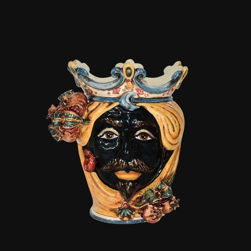 Moor's Head Vase with Pomegranates H 25 cm / 9.8", Moro Man, Yellow and Orange – Testa di Moro from Caltagirone, Sicily