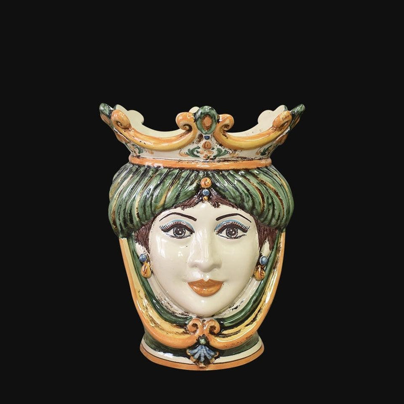 Sicilian Head Vase H 25 cm / 9.8", Woman, Green and Orange – Testa di Moro from Caltagirone, Sicily